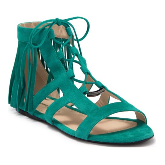 Longchamp Sandals Womens Size 7 Gladiator Green Suede Lace-Up New Boho Cowgirl - Picture 12 of 12